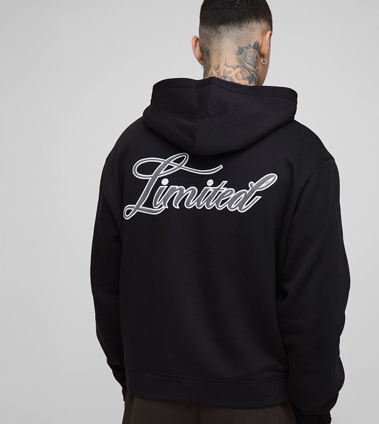 Black Zip-Up Hoodie with “Limited” Print – Front & Back | Men's Collection