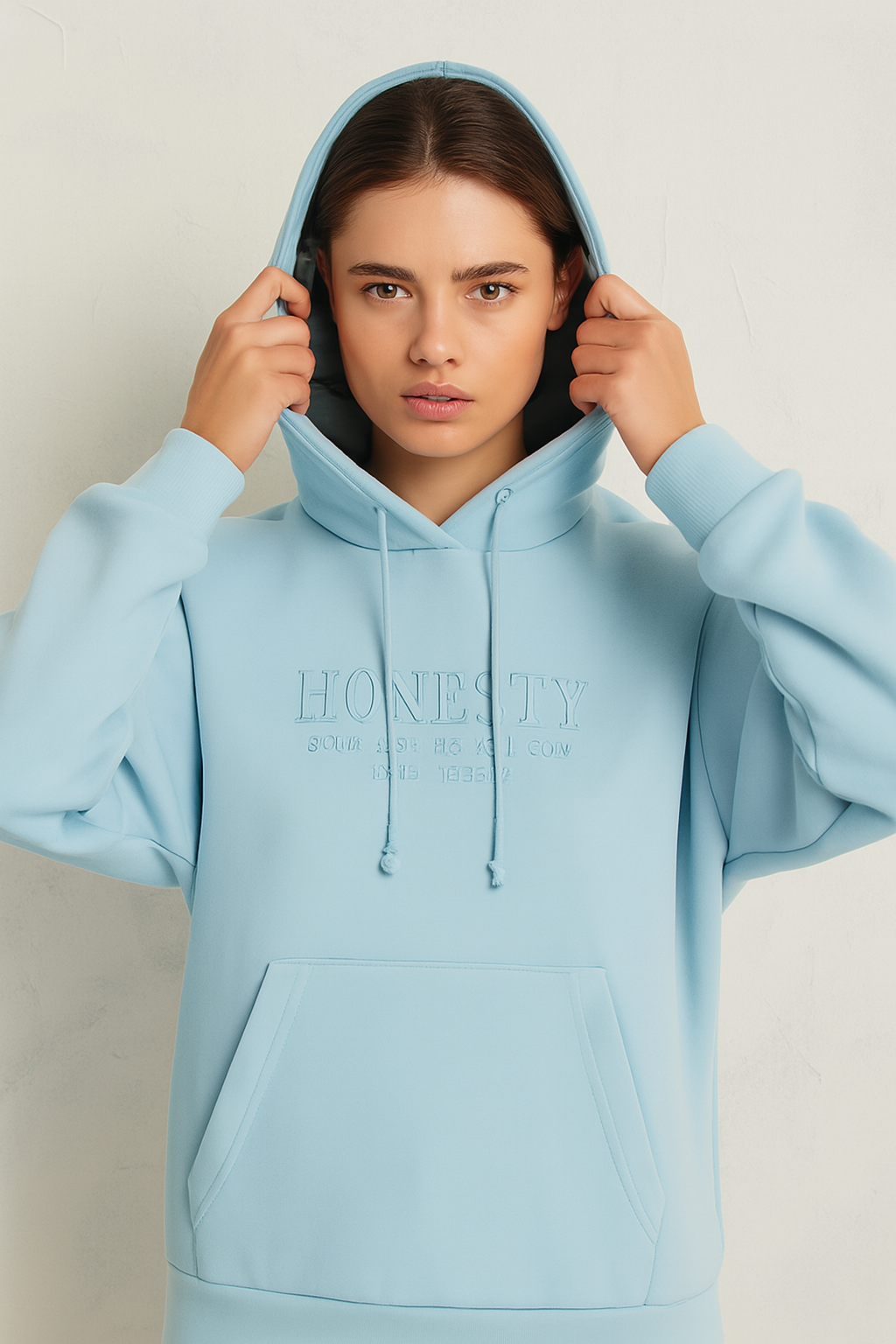 Light Blue “HONESTY” Embossed Hoodie – Premium Comfort & Minimalist Style