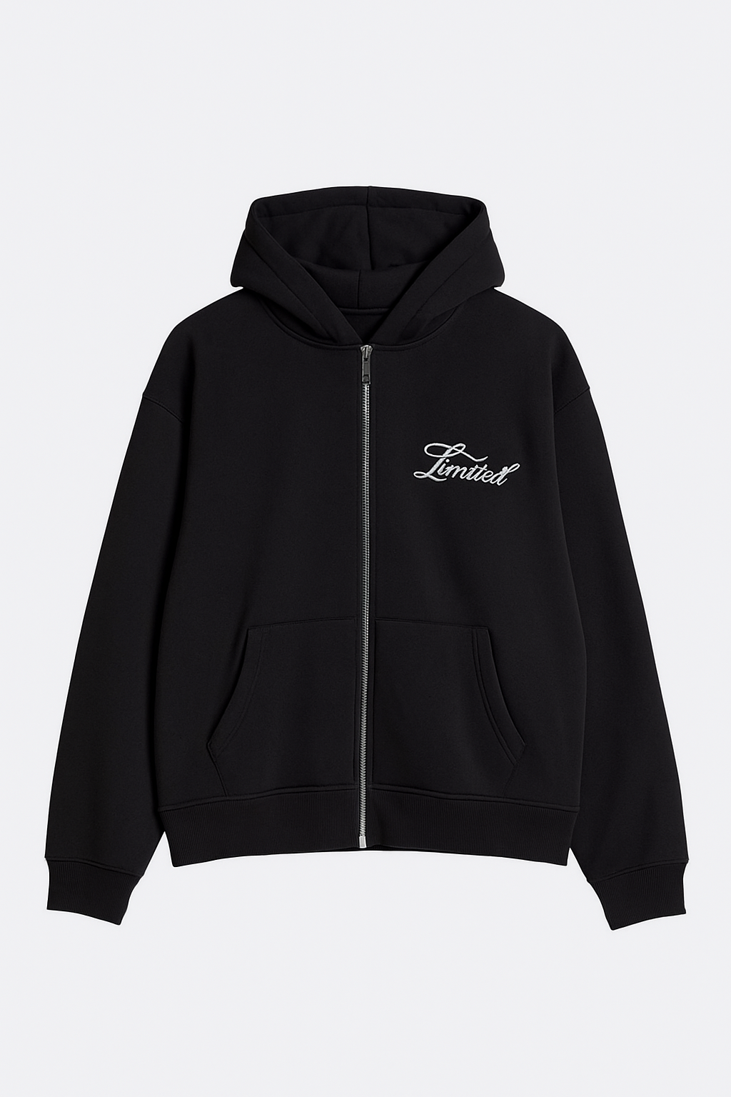 Black Zip-Up Hoodie with “Limited” Print – Front & Back | Men's Collection