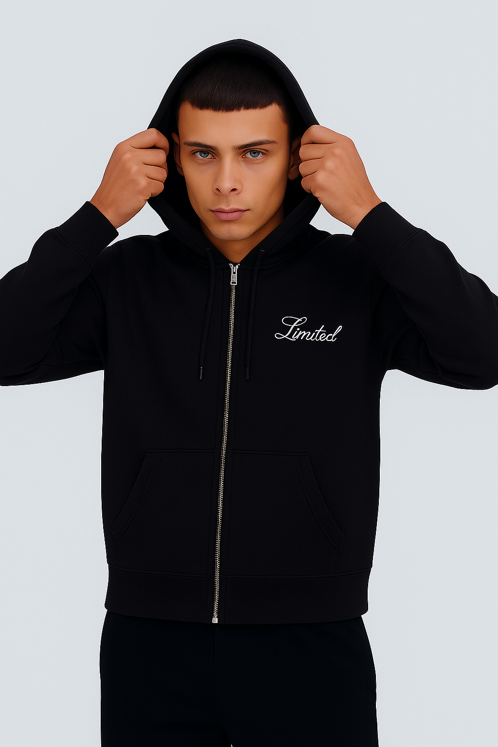 Black Zip-Up Hoodie with “Limited” Print – Front & Back | Men's Collection